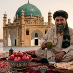 Local Pashtun host offering traditional green tea in front of the historic Ahmad Shah Abdali Mausoleum in Kandahar with Afghanistan On Tour Agency